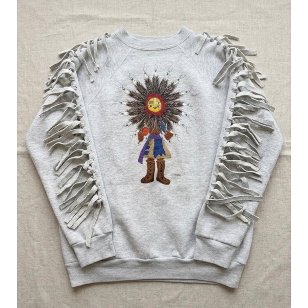 Vintage Pannill Tawa Kachina Sun Spirit Fringe Sweatshirt Gray‎ XL Made in USA